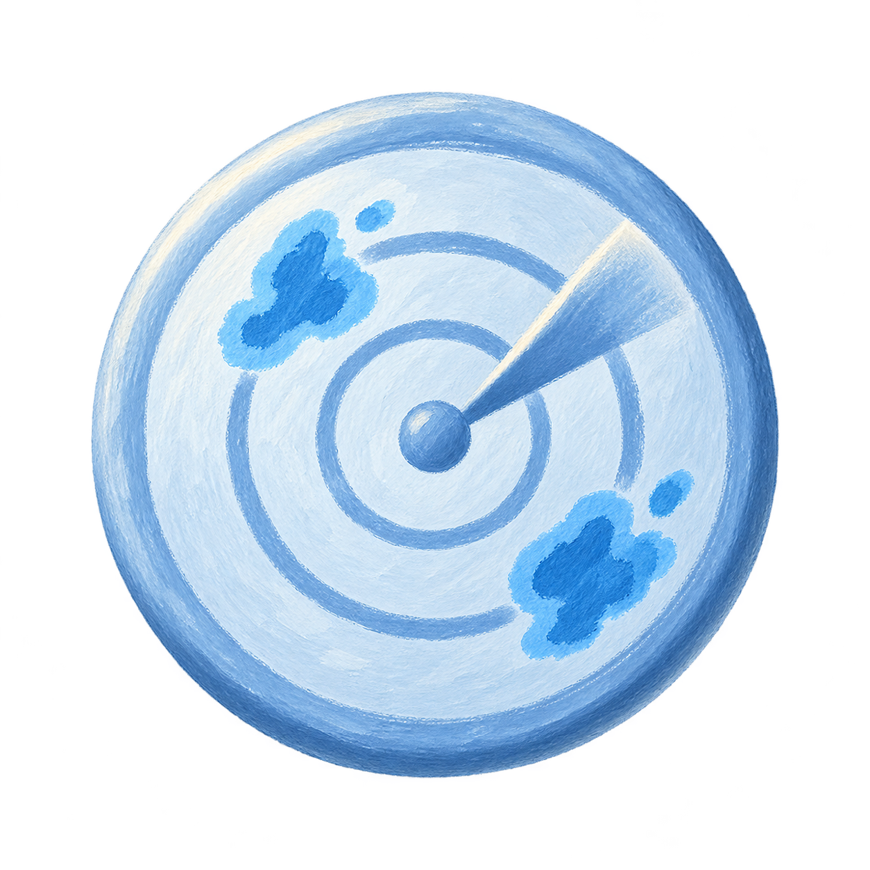 Illustrated rain radar with a sweeping hand and rain patches